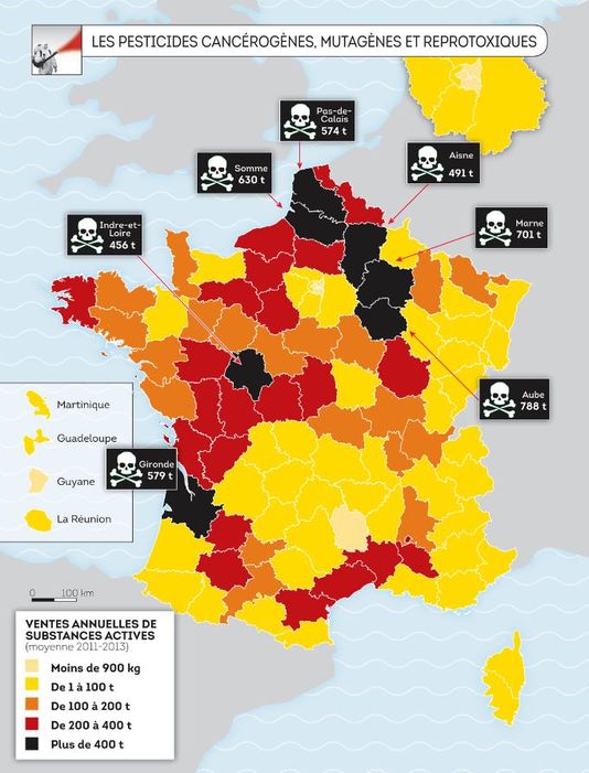 Ventes annuelles par d&eacute;partement de substances actives canc&eacute;rog&egrave;nes, mutag&egrave;nes et reprotoxiques. Robin des Bois - Arthaud 